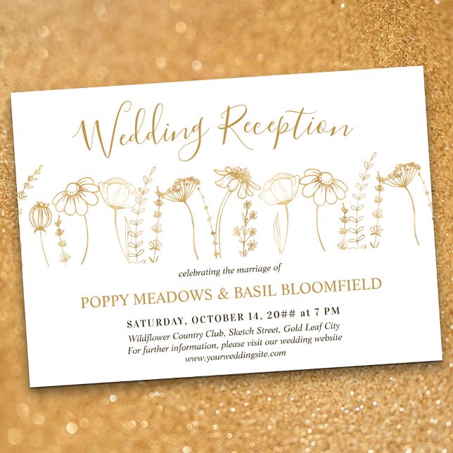 Invitation Réception de mariage à la fleur sauvage - Esquisse (Wedding Reception only invitation in White & Gold, from my Wildflower Sketch collection)