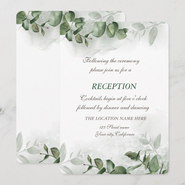 Invitation Réception de mariage à l'aquarelle Eucalyptus Verd (Devant / Derrière)