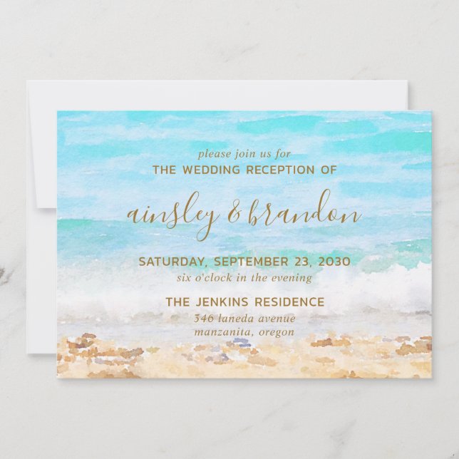 Invitation Réception de mariage à l'aquarelle sur la plage (Devant)