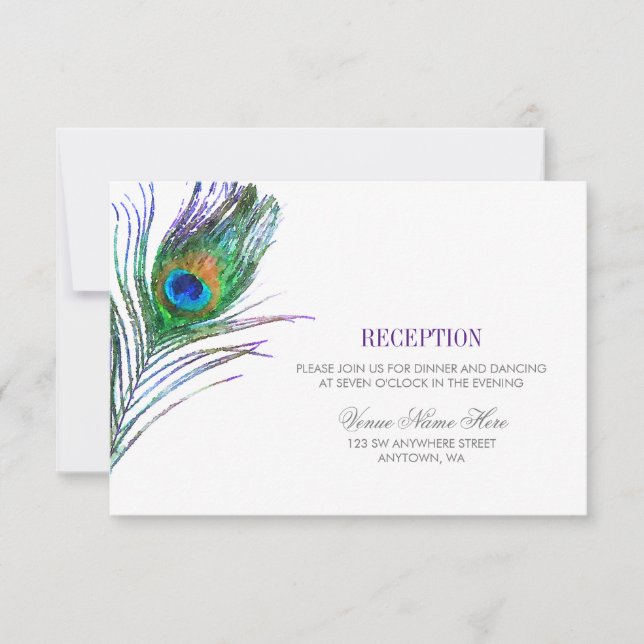 Invitation Réception de mariage à plumes de paon à l'aquarell (Devant)