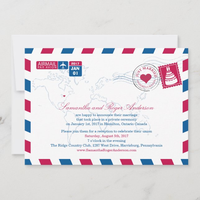 Invitation Réception de mariage après Ontario Canada par avio (Devant)