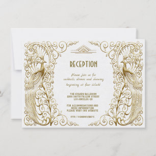 Invitation Réception de mariage Art Déco Glam Blanc Or Paon