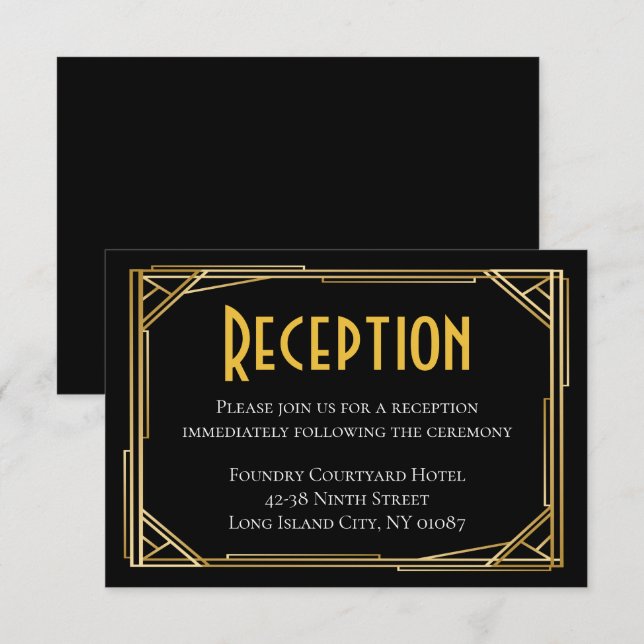 Invitation Réception de mariage Art Déco noir et or Gatsby le (Devant / Derrière)