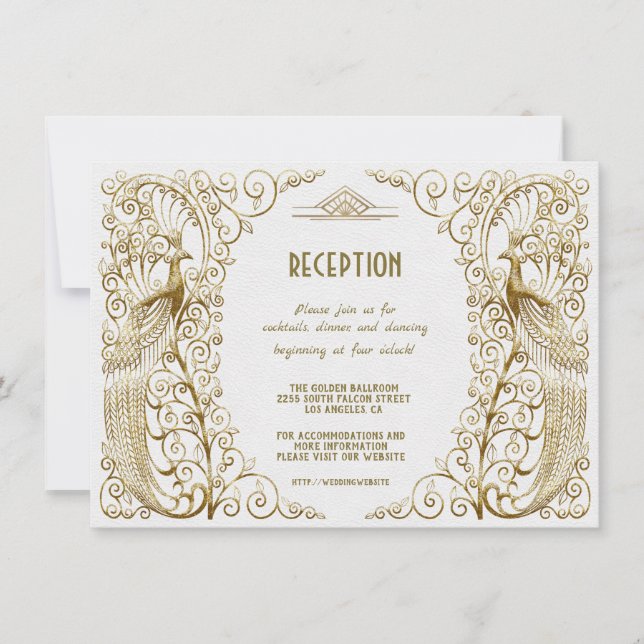 Invitation Réception de mariage Art Déco Paon Blanc Glamour O (Devant)