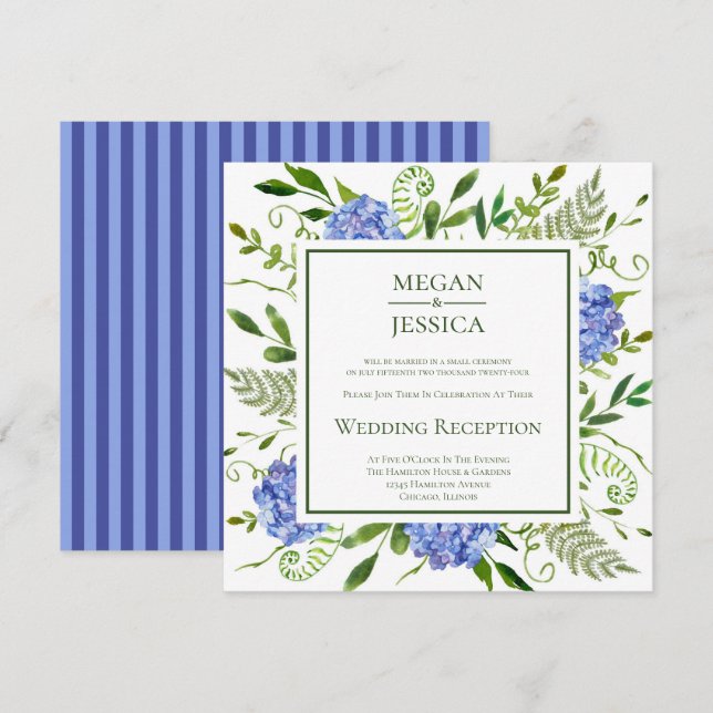 Invitation Réception de mariage aux hortensias bleus (Devant / Derrière)