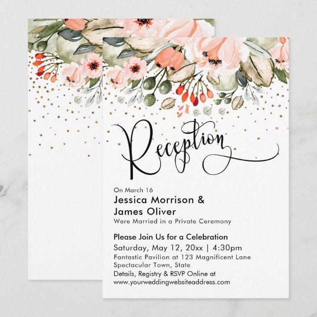 Invitation Réception de mariage avec confettis dorés et fleur (Devant / Derrière)