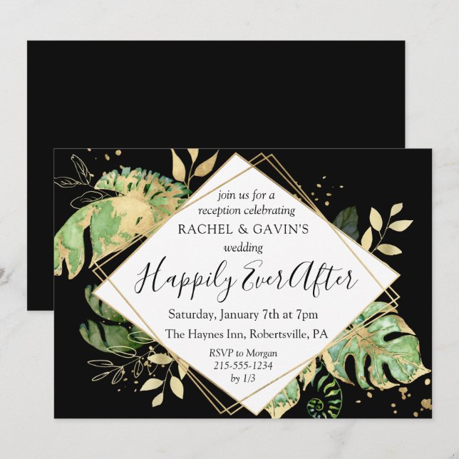 Invitation Réception de mariage avec évasion tropicale Noir & (Devant / Derrière)