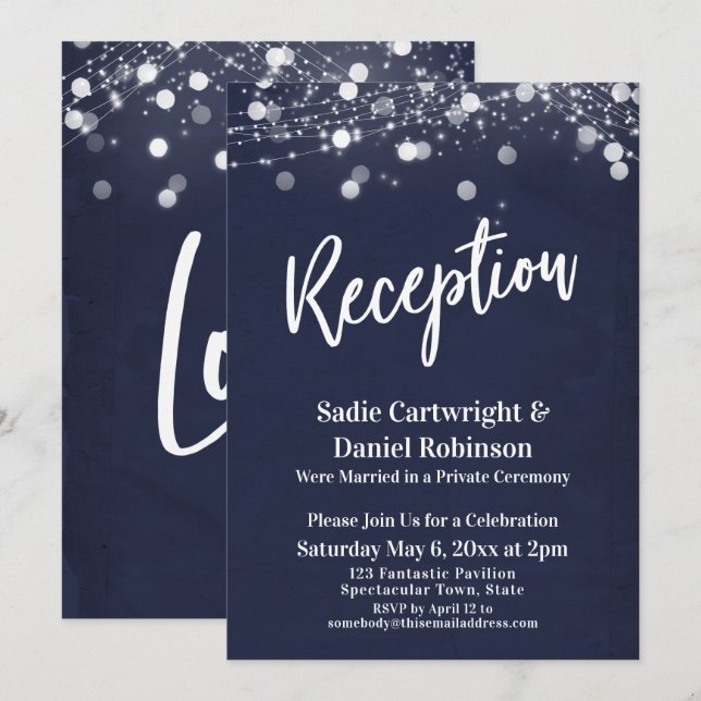 Invitation Réception de mariage avec texture Navy et lumières (Devant / Derrière)