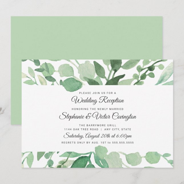 Invitation Réception de mariage avec verdure aquarelle luxuri (Devant / Derrière)