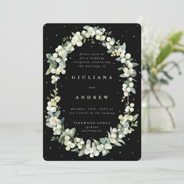 Invitation Réception de mariage Black Snowberry+Eucalyptus un (Debout devant)