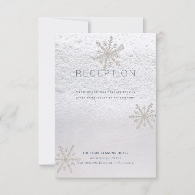Invitation Réception de mariage blanc d'hiver flocon de neige (Devant)