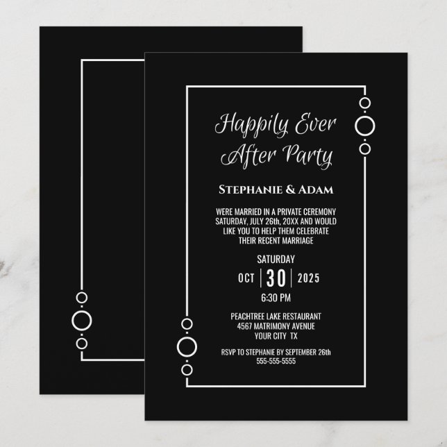 Invitation Réception de mariage Blanc Noir Heureux À jamais (Devant / Derrière)