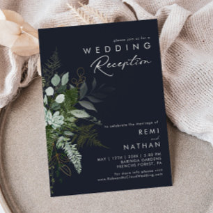 Invitation Réception de mariage bleu marine avec feuillage et
