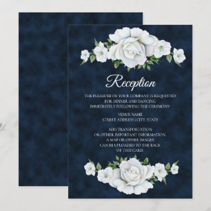 Invitation Réception de mariage bleu marine avec fleurs blanc