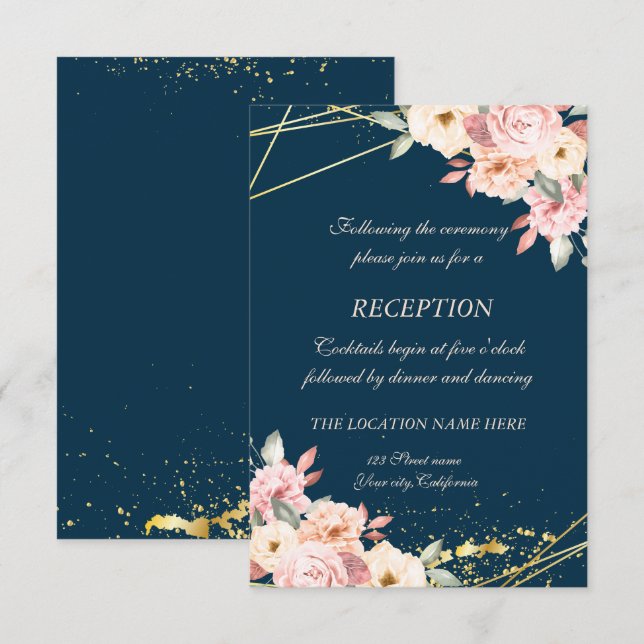Invitation Réception de mariage Bleu Nuit Or Floral Rustique (Devant / Derrière)