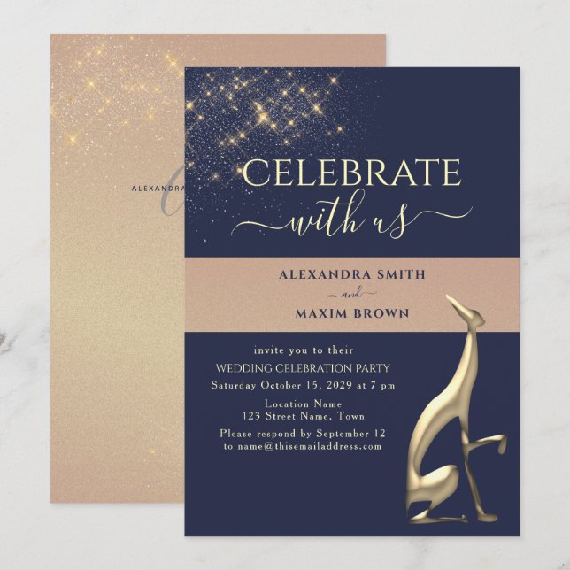 Invitation Réception de mariage bleu or de la Marine Invitati (Devant / Derrière)