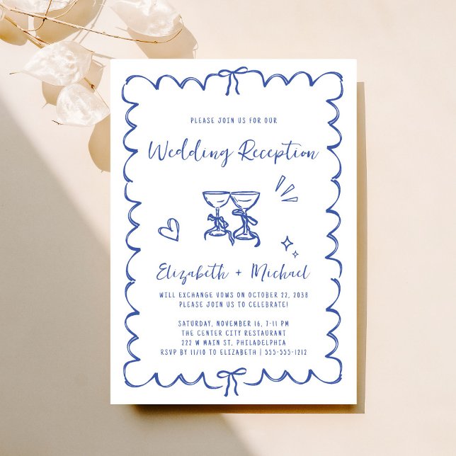 Invitation Réception De Mariage Bleu Tiré À La Main Whimsique (
Fun reception invitation featuring whimsical hand drawn wine glasses with hearts + coquette bows)