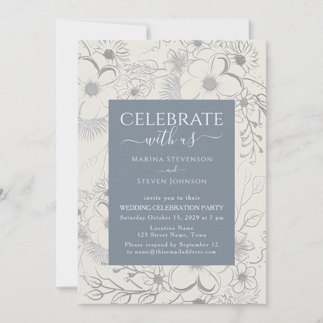 Invitation Réception de mariage bohème fleurs sauvages bleu p (Devant)