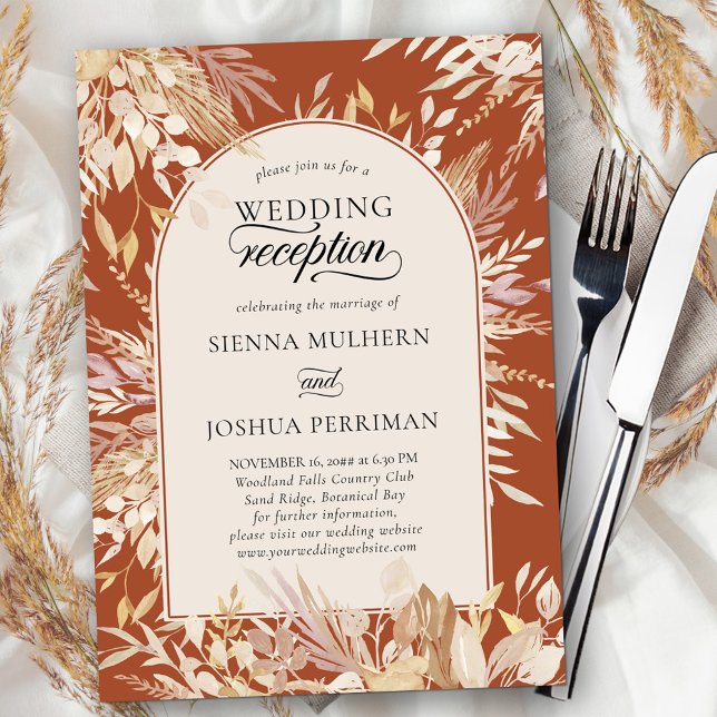 Invitation Réception de mariage botanique sous une arche enca (Arch Wedding Reception Invitation Card for the evening - terracotta burnt orange and neutral foliage)
