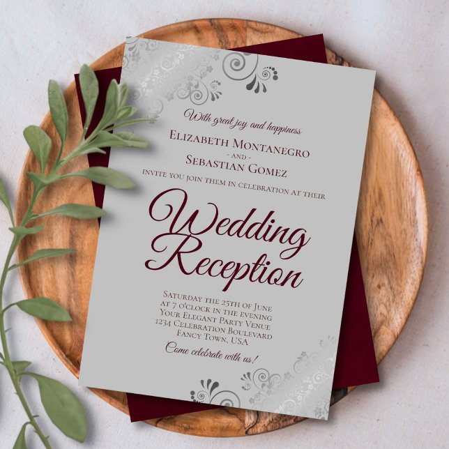 Invitation Réception de mariage Burgundy sur frisures argenté (Créateur téléchargé)