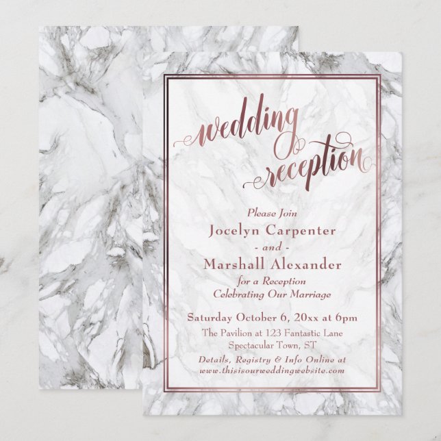 Invitation Réception de mariage calligraphie dorée rose sur m (Devant / Derrière)