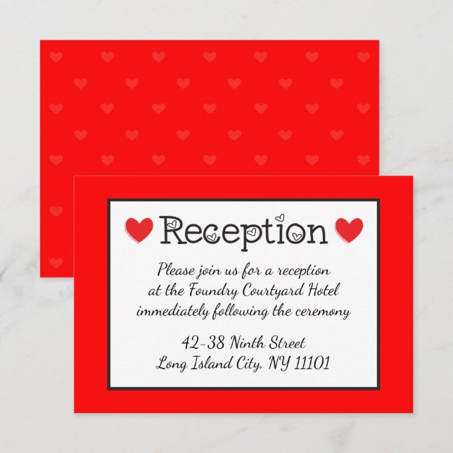 Invitation Réception de mariage Cœurs Rouges - Noir, Blanc, R (Devant / Derrière)