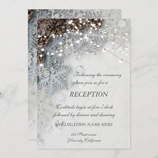 Invitation Réception de mariage Cônes de pin, Flocons de neig (Devant / Derrière)