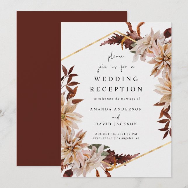 Invitation Réception de mariage d'automne floral Bourgogne Or (Devant / Derrière)