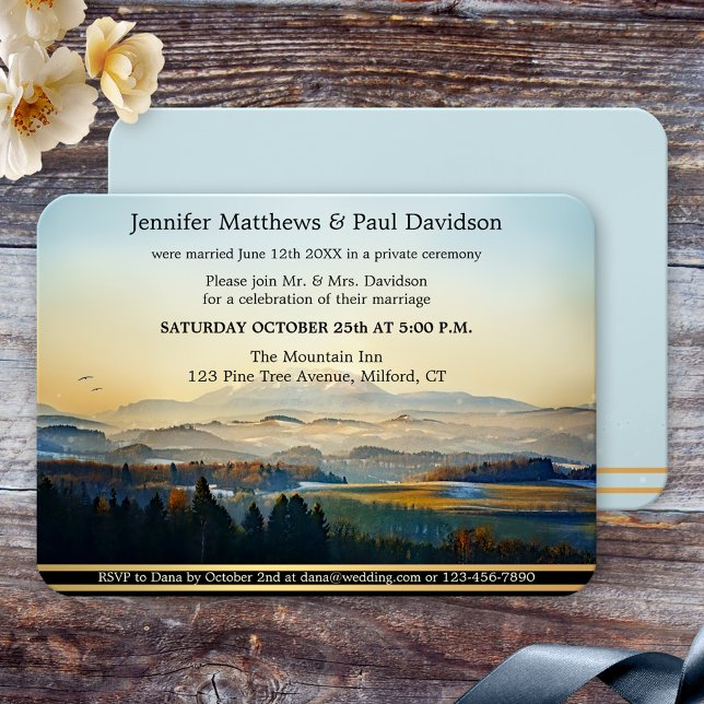Invitation Réception de mariage de montagne peint en bleu pou (after wedding, wedding reception only,  or post wedding invitation featuring a painted mountain land)