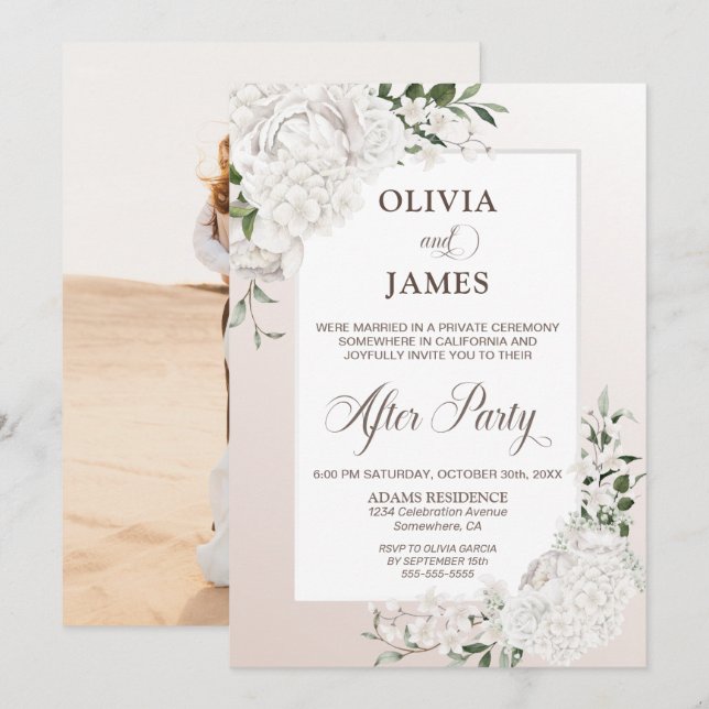 Invitation Réception de mariage de photos florales blanches (Devant / Derrière)
