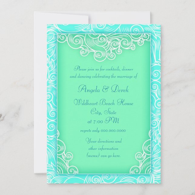 Invitation Réception de mariage de plage Aqua et Vagues verte (Devant)