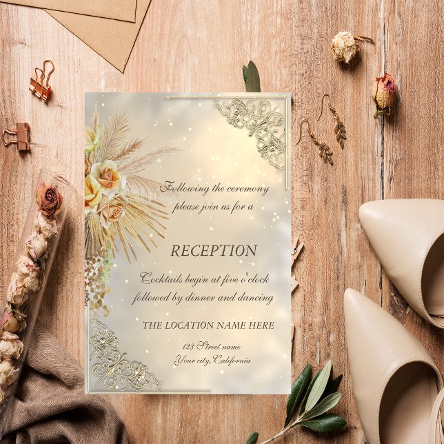 Invitation Réception de mariage élégant chic or boho fleurs (Créateur téléchargé)