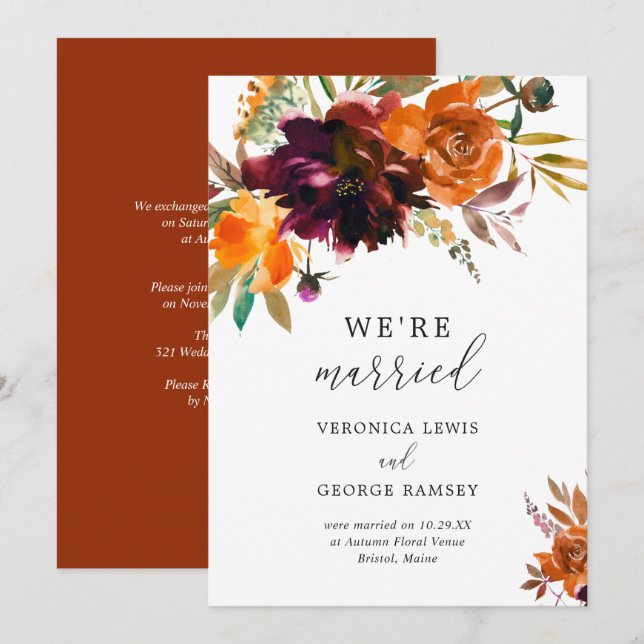 Invitation Réception de mariage élégante avec des fleurs auto (Devant / Derrière)