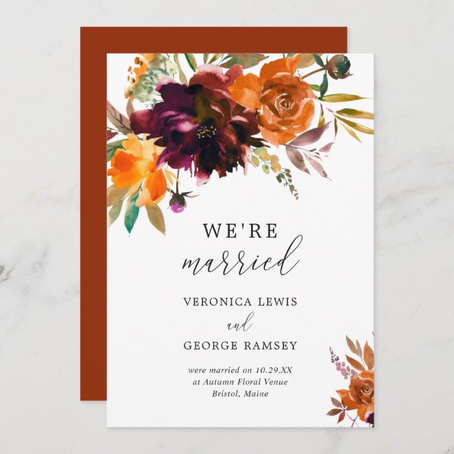 Invitation Réception de mariage élégante avec fleurs automnal (Devant / Derrière)