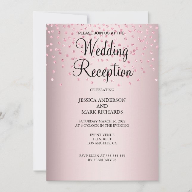 Invitation Réception de mariage élégante avec paillettes rose (Devant)