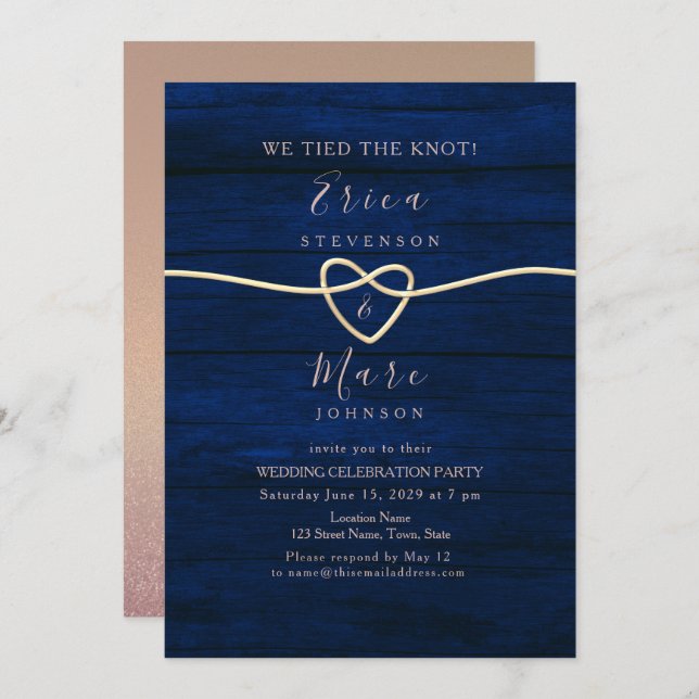 Invitation Réception de mariage élégante en or et bleu marine (Devant / Derrière)
