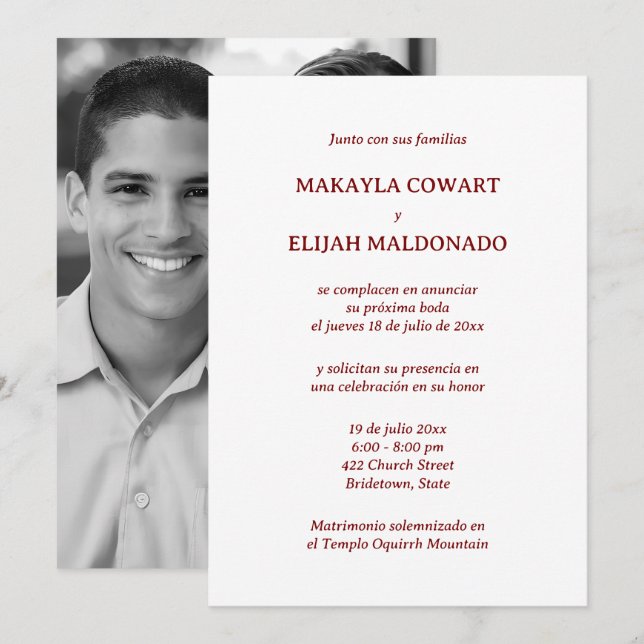 Invitation Réception de mariage en espagnol rouge et blanc (Devant / Derrière)