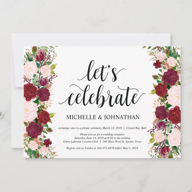 Invitation Réception de mariage en fuite florale rose Marsala (Devant)