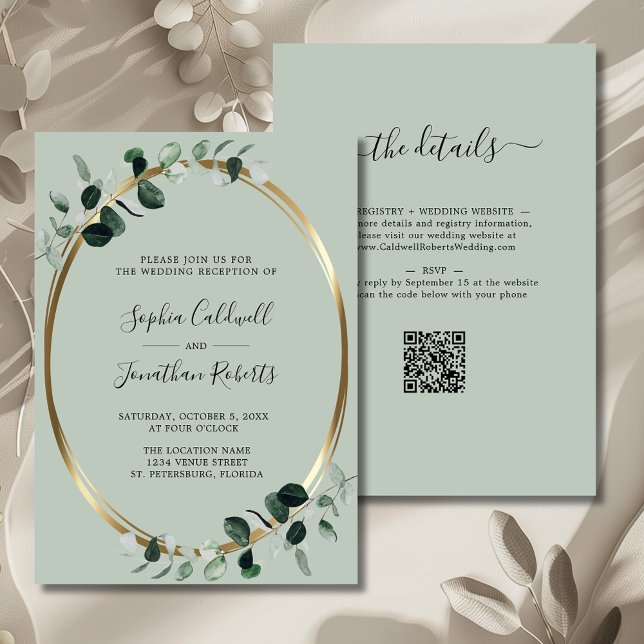 Invitation Réception de mariage Eucalyptus Métallic Or et Sau (Eucalyptus Gold Sage QR Code Wedding Reception Invitation)