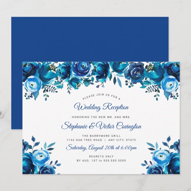 Invitation Réception de mariage fleurie en bleu d'Indigo (Devant / Derrière)