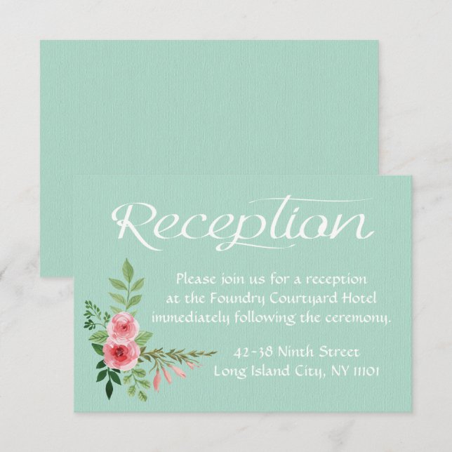 Invitation Réception de mariage fleurs roses vert menthe flor (Devant / Derrière)