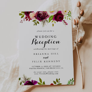 Invitation Réception de mariage floral bordeaux rustique rose