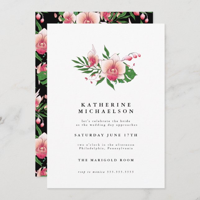 Invitation RECEPTION DE MARIAGE | Floral d'orchidée rose trop (Devant / Derrière)