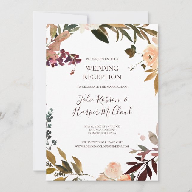 Invitation Réception de mariage floral orange et Bourgogne (Devant)