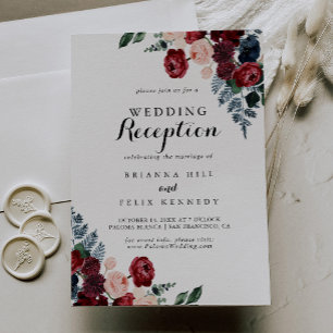 Invitation Réception de mariage floral rose Bourgogne marine