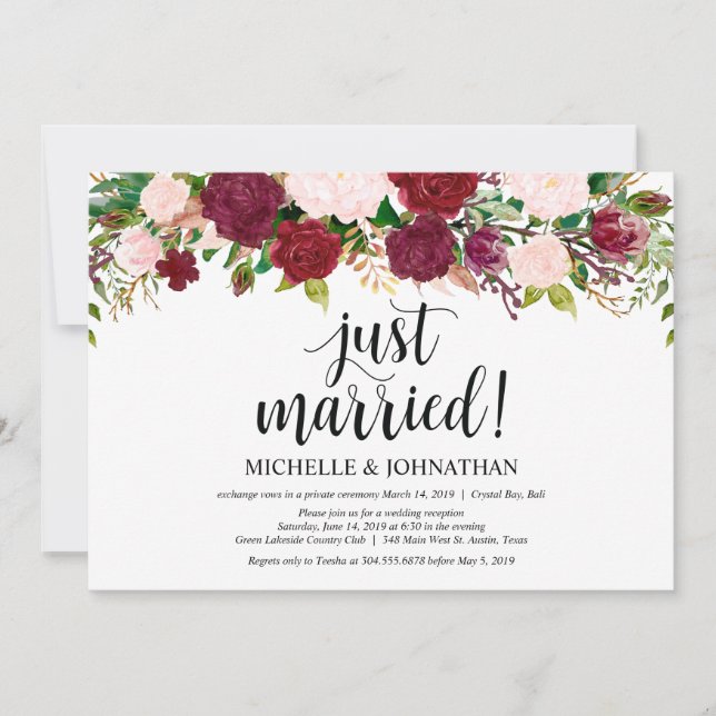 Invitation Réception de mariage floral rose Marsala pour une  (Devant)