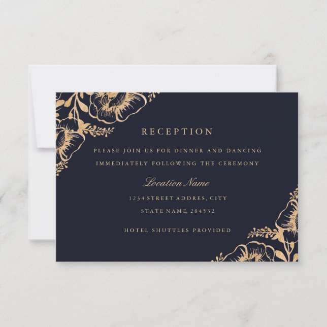 Invitation Réception de mariage floral vintage Gold Navy (Devant)
