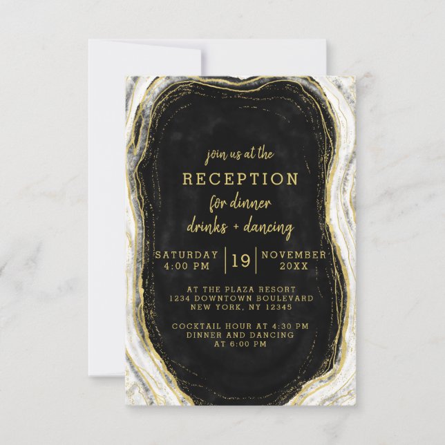 Invitation Réception de mariage géode agate noir blanc et or (Devant)