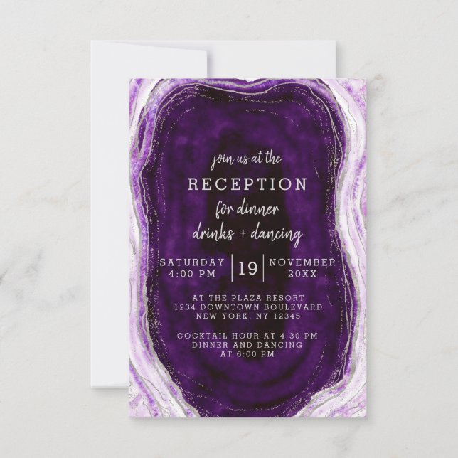 Invitation Réception de mariage géode améthyste pourpre et ar (Devant)
