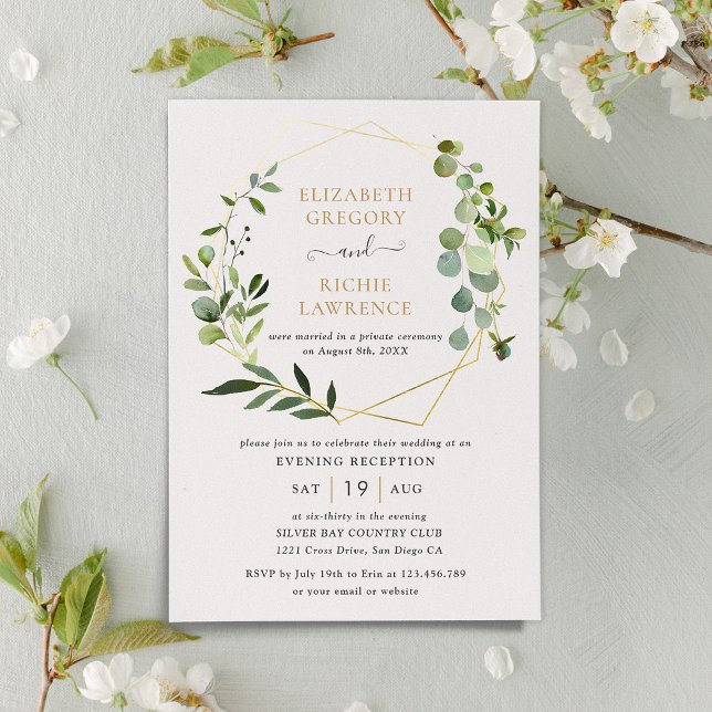 Invitation Réception de mariage géométrique doré et verdure (Créateur téléchargé)